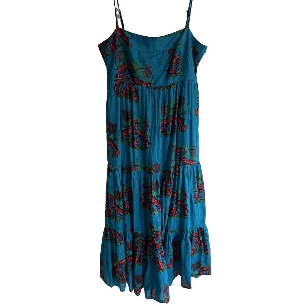 J. Crew 100% Cotton Tiered Midi Dress Blue Lobster Print Size 8 Beach Coastal